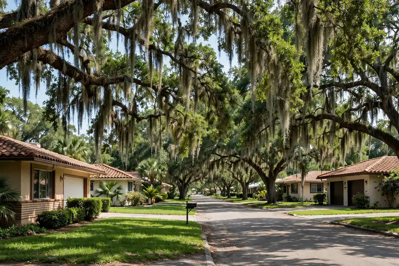 Sarasota suburban street with mature live oaks